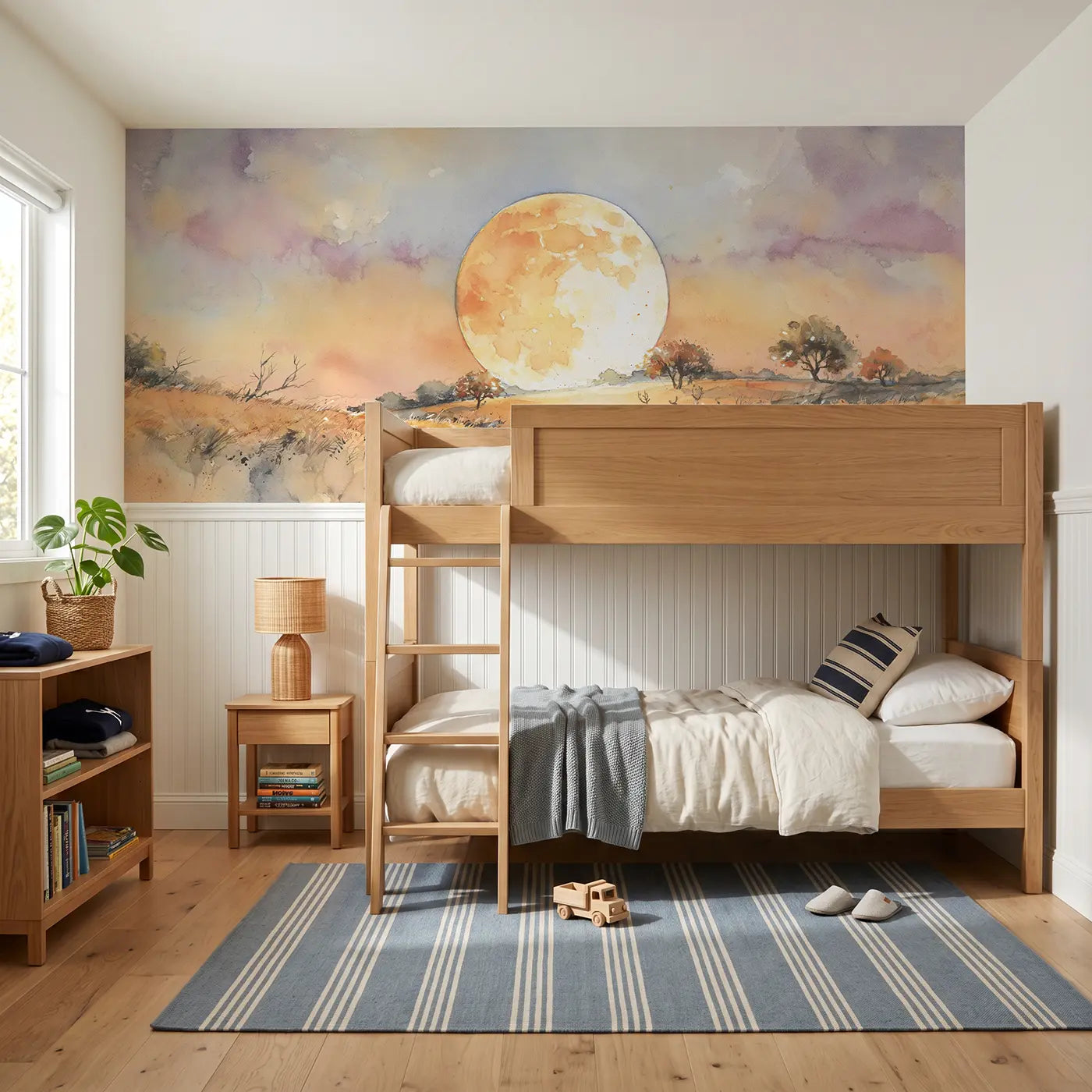 Watercolor harvest moon autumn field wainscoting wallpaper for bedroom by Whimsy Tots