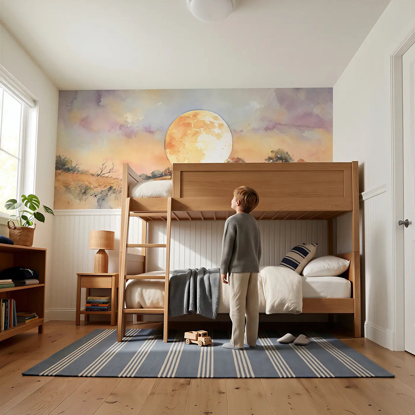 Child reading near Harvest Moon Autumn Field Wainscoting Wallpaper by Whimsy Tots