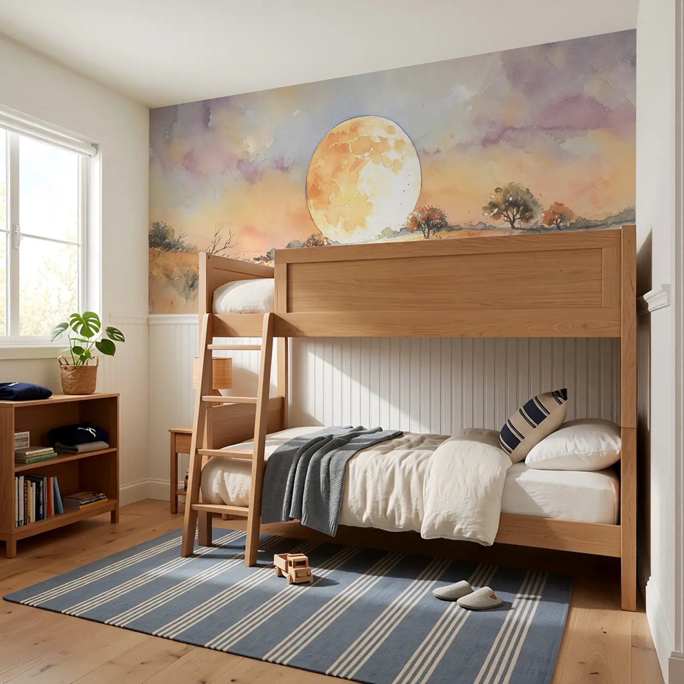 Harvest Moon Autumn Field Wainscoting Wallpaper styled in a kids bedroom by Whimsy Tots