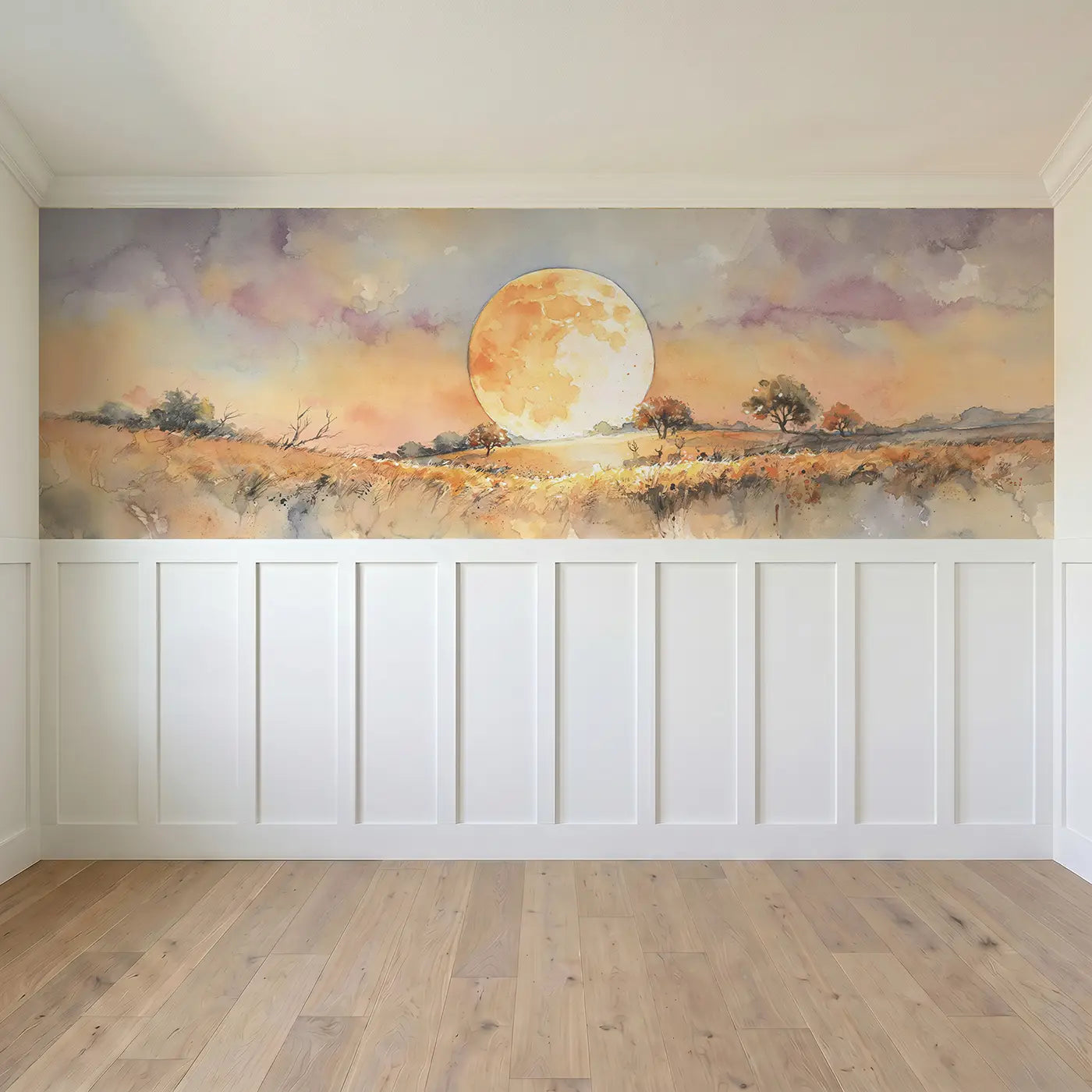 Full panel view of Harvest Moon Autumn Field Wainscoting Wallpaper by Whimsy Tots