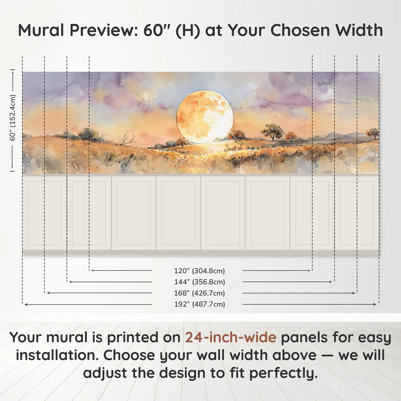 Panel dimensions for Harvest Moon Autumn Field Wainscoting Wallpaper by Whimsy Tots