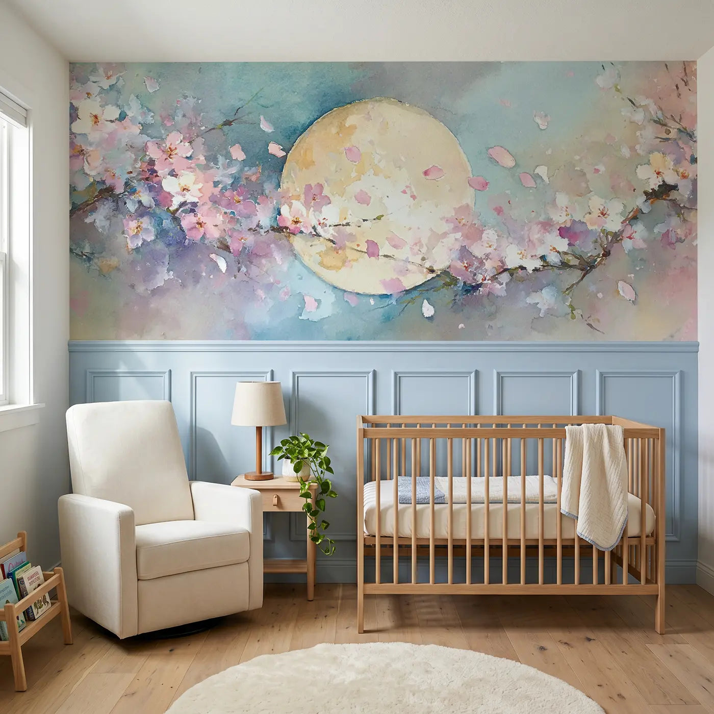 Watercolor cherry blossom spring moon wainscoting wallpaper for nursery by Whimsy Tots