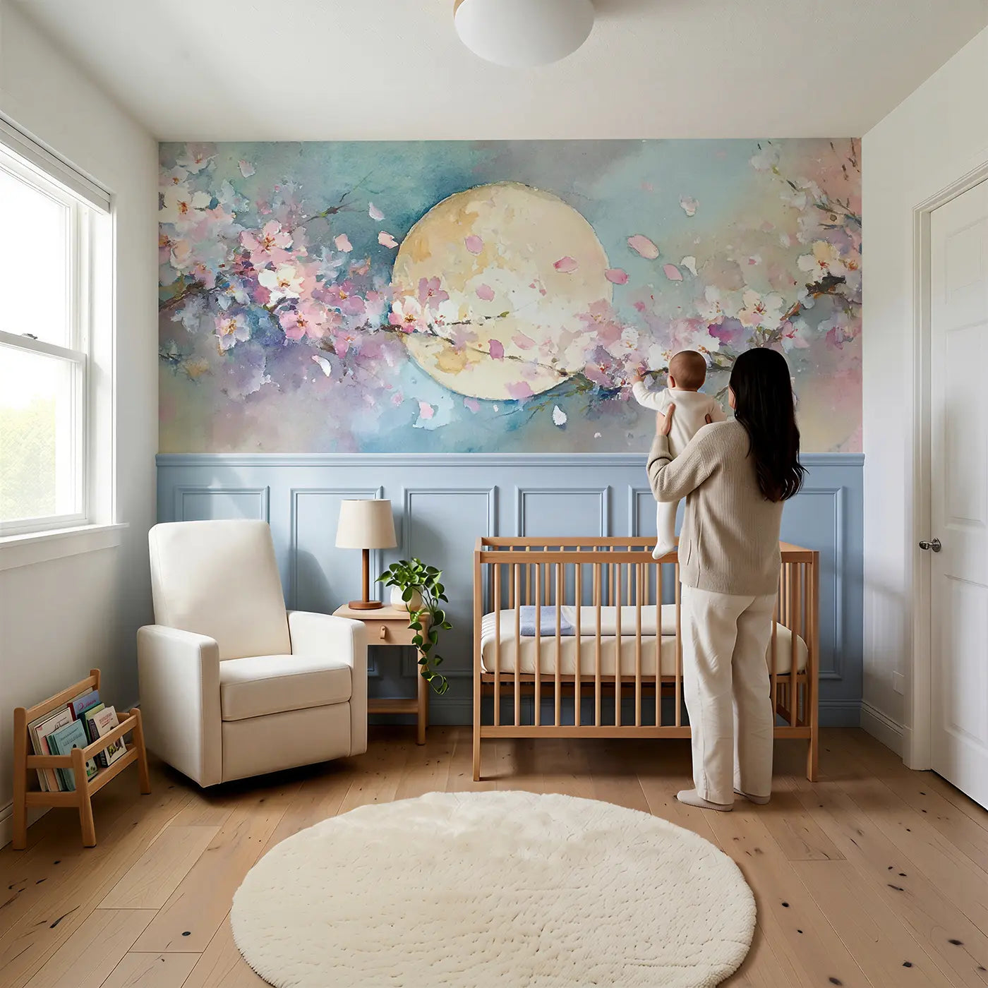 Child reading near Cherry Blossom Spring Moon Wainscoting Wallpaper by Whimsy Tots