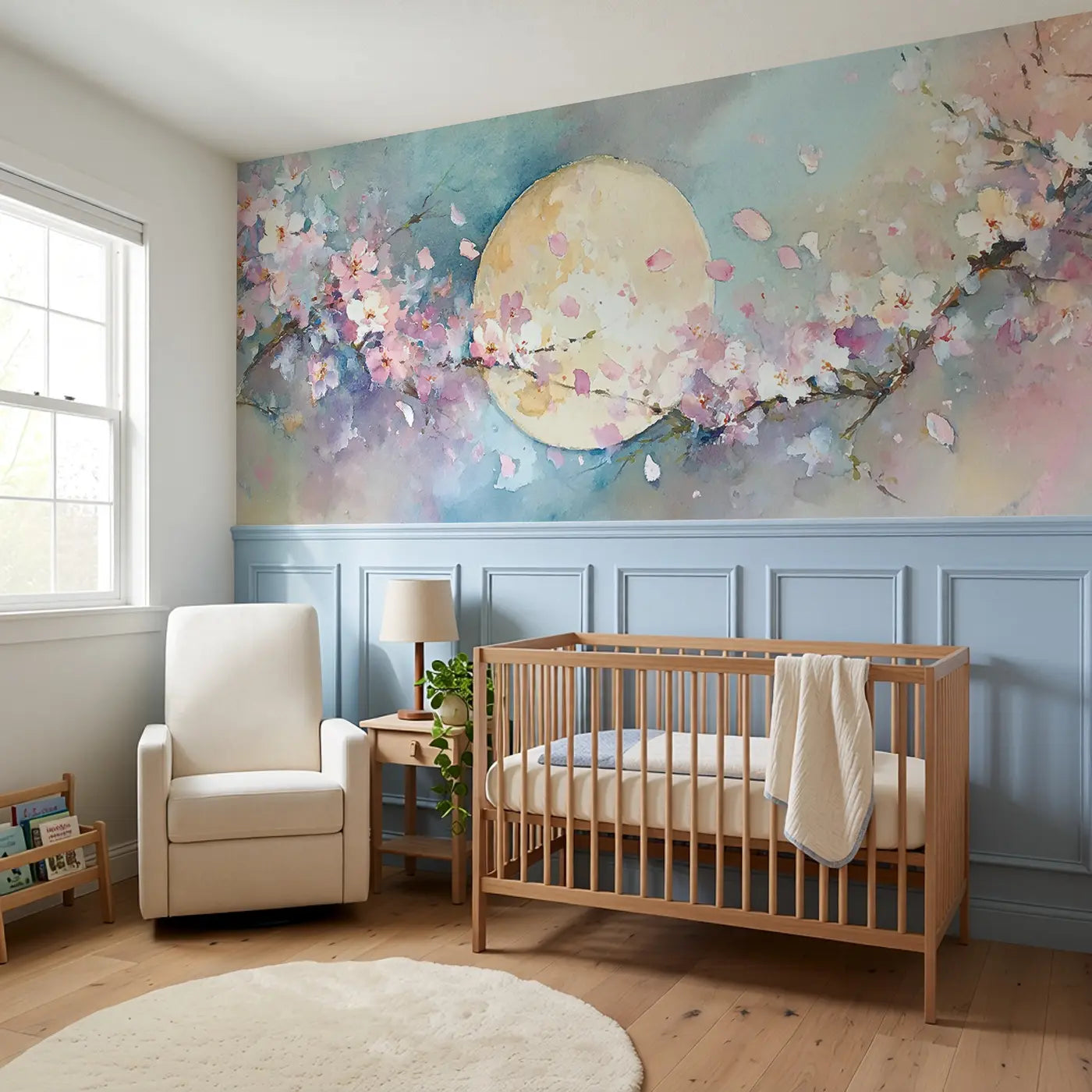 Cherry Blossom Spring Moon Wainscoting Wallpaper styled in a kids bedroom by Whimsy Tots