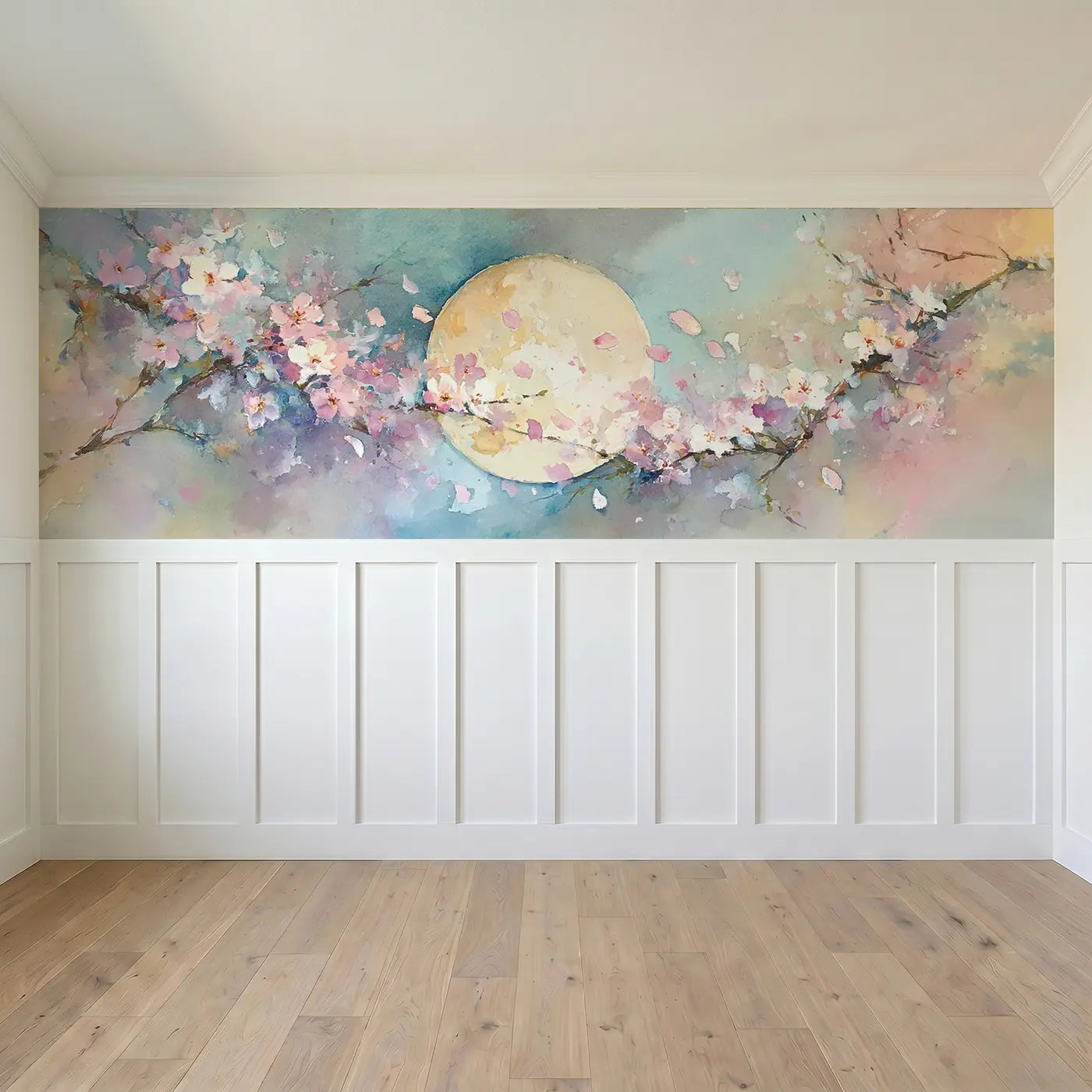 Full panel view of Cherry Blossom Spring Moon Wainscoting Wallpaper by Whimsy Tots