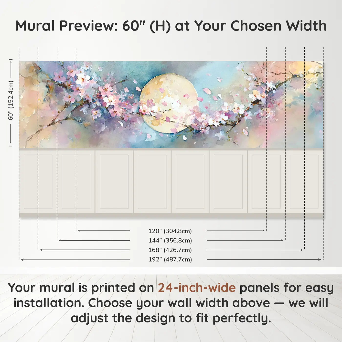 Panel dimensions for Cherry Blossom Spring Moon Wainscoting Wallpaper by Whimsy Tots
