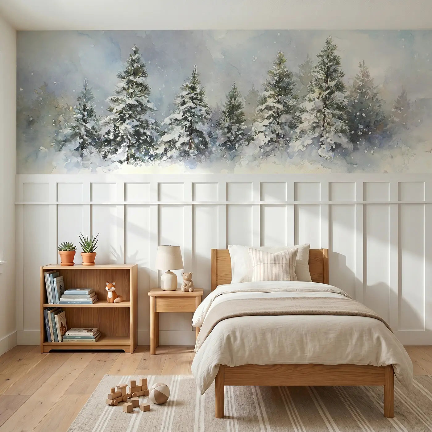 Watercolor winter snowfall pine forest wainscoting wallpaper for nursery by Whimsy Tots
