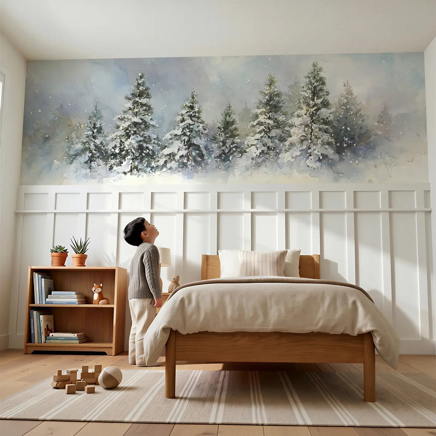 Child reading near Winter Snowfall Pine Forest Wainscoting Wallpaper by Whimsy Tots