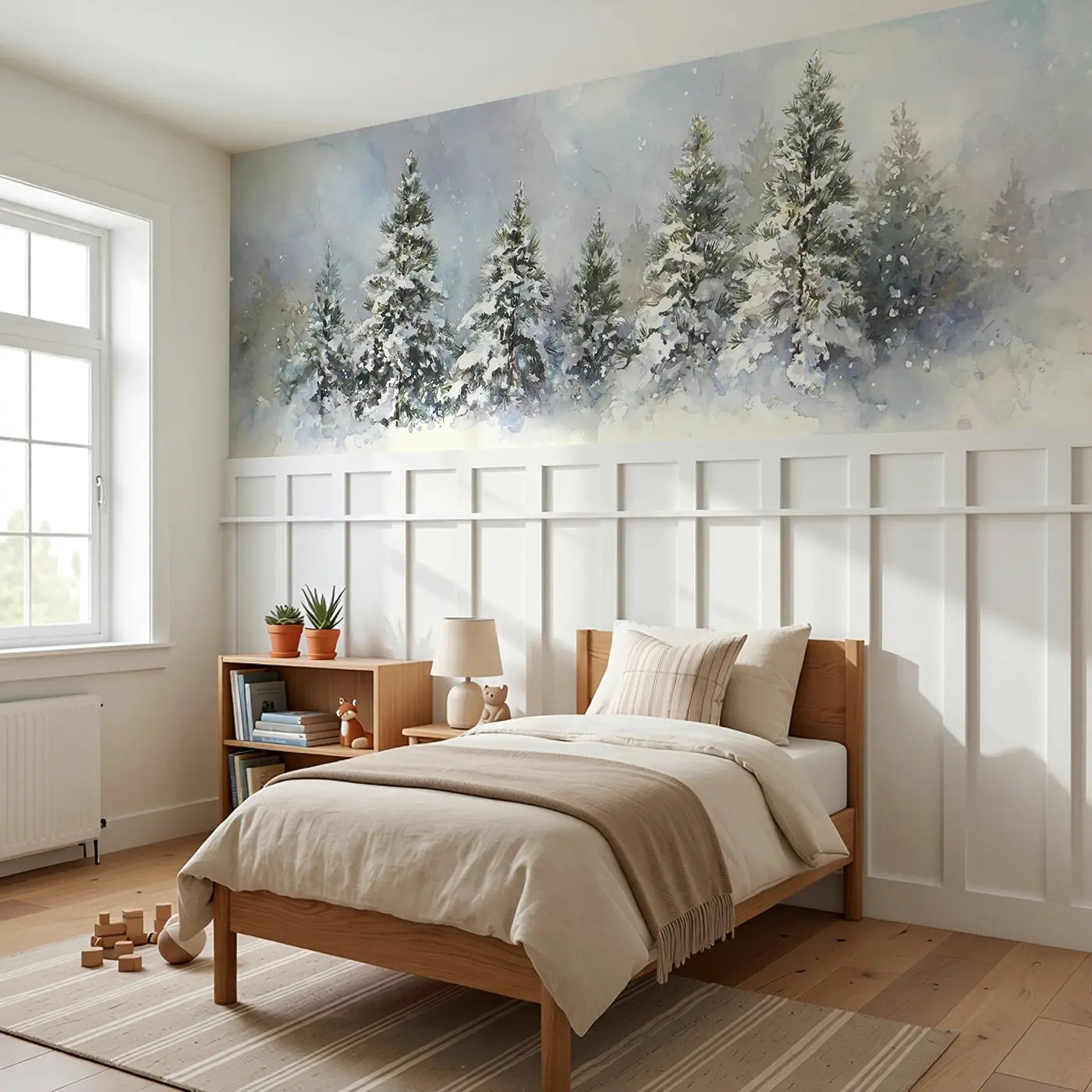 Winter Snowfall Pine Forest Wainscoting Wallpaper styled in a kids bedroom by Whimsy Tots