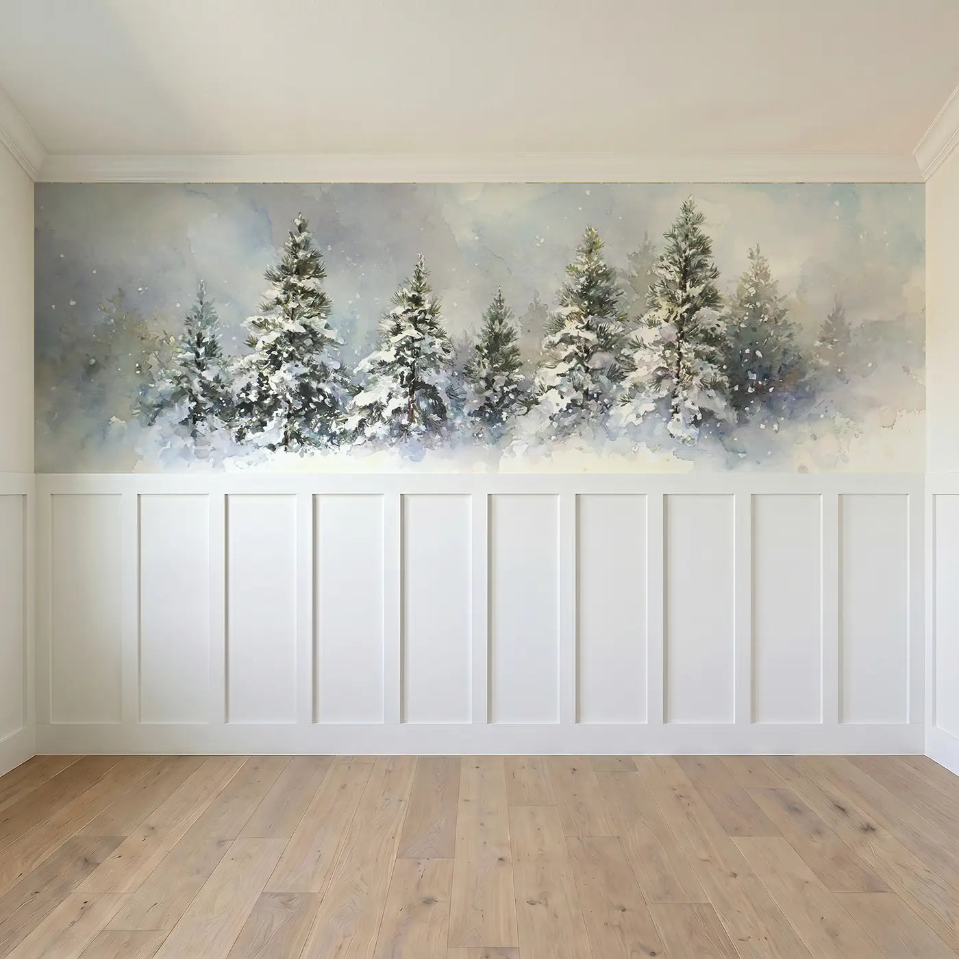 Full panel view of Winter Snowfall Pine Forest Wainscoting Wallpaper by Whimsy Tots