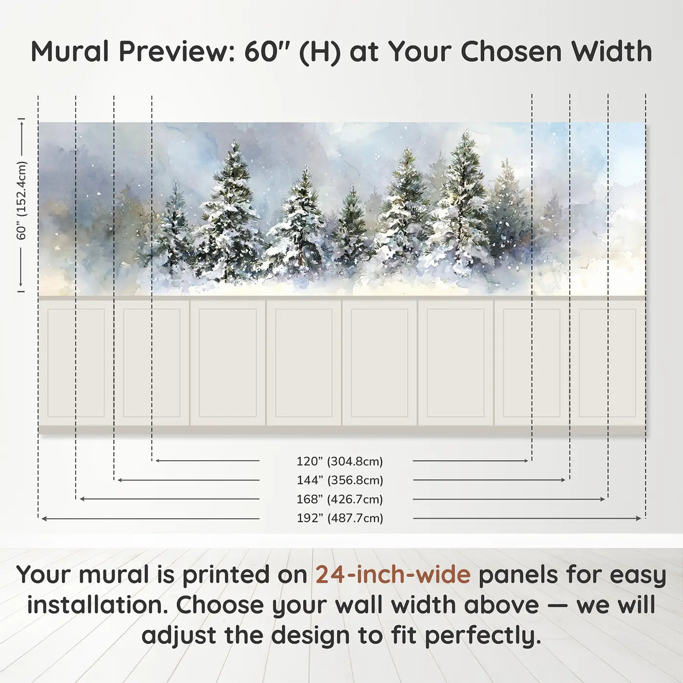 Panel dimensions for Winter Snowfall Pine Forest Wainscoting Wallpaper by Whimsy Tots