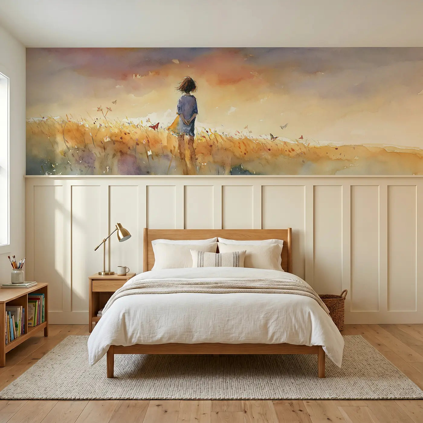Watercolor summer sunset meadow golden wainscoting wallpaper for bedroom by Whimsy Tots