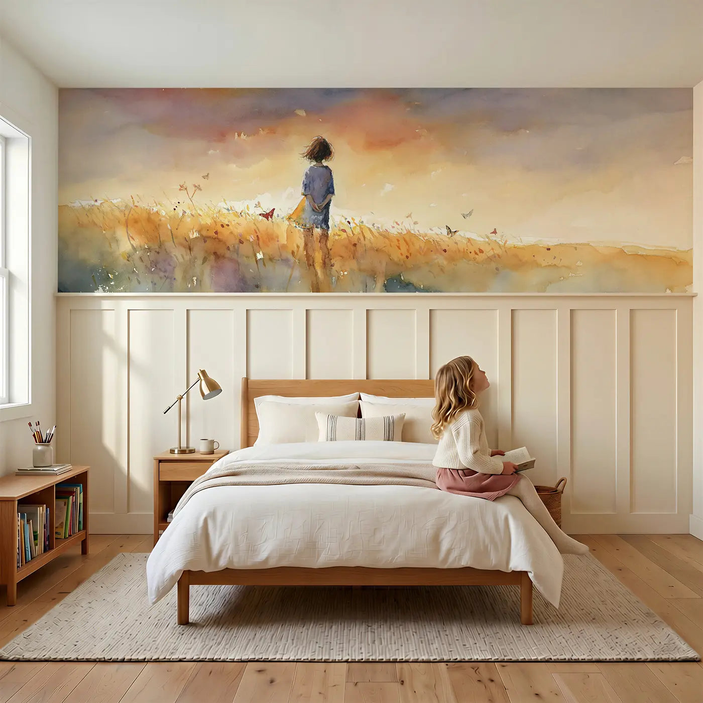 Child reading near Summer Sunset Meadow Golden Wainscoting Wallpaper by Whimsy Tots