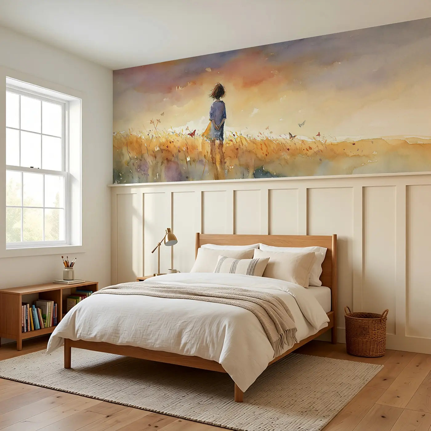 Summer Sunset Meadow Golden Wainscoting Wallpaper styled in a kids bedroom by Whimsy Tots