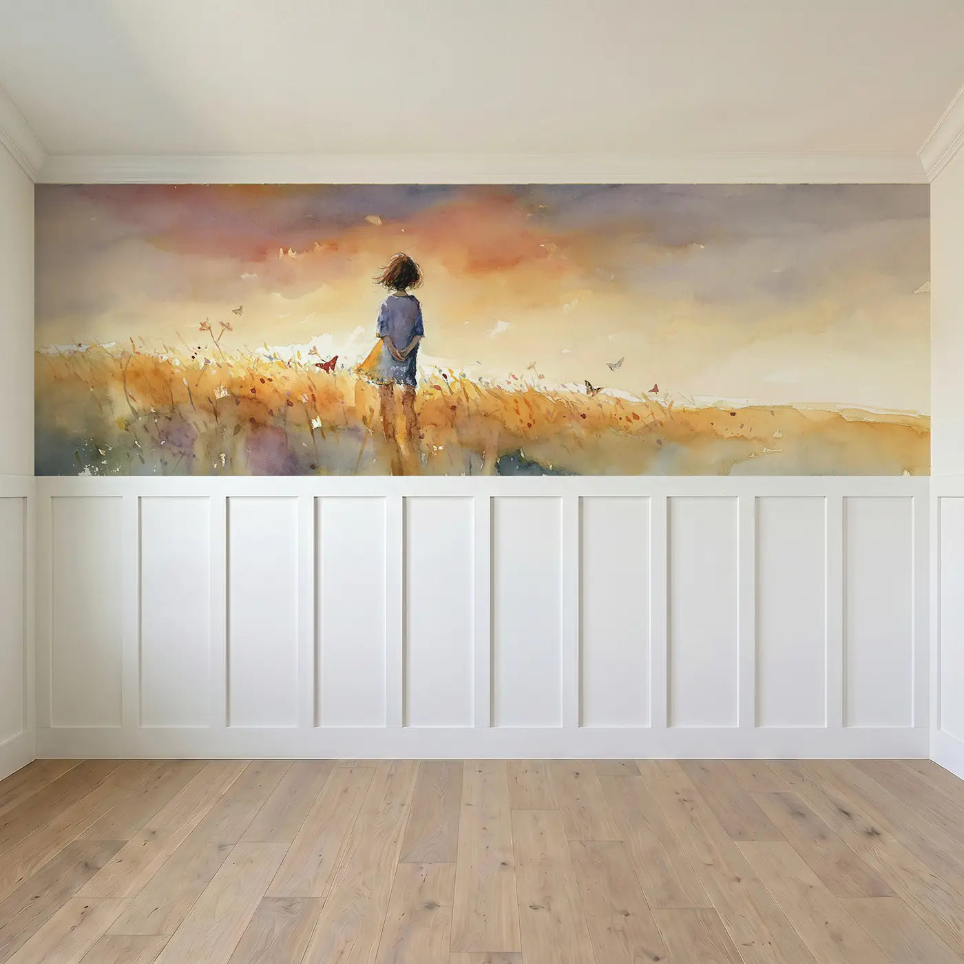 Full panel view of Summer Sunset Meadow Golden Wainscoting Wallpaper by Whimsy Tots