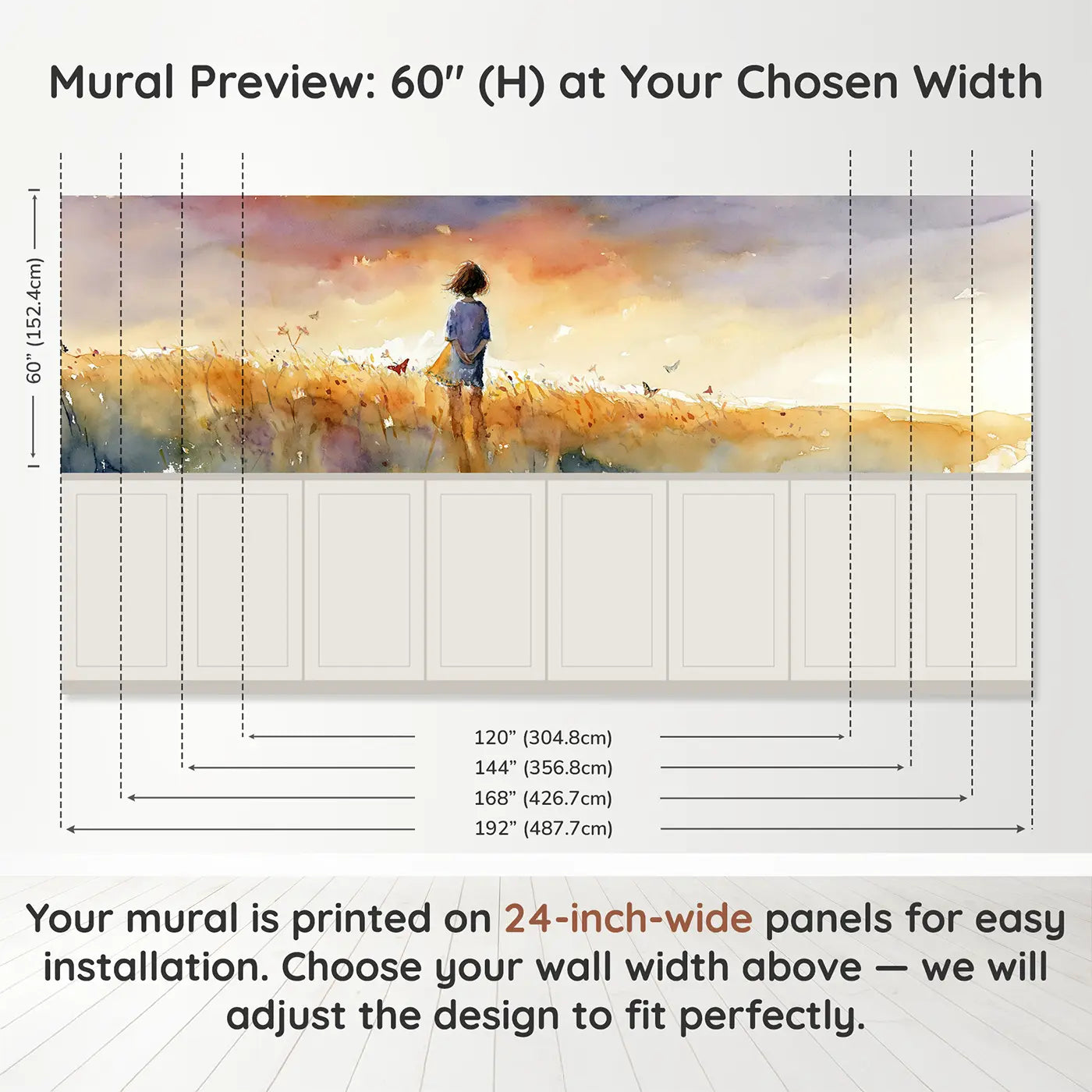 Panel dimensions for Summer Sunset Meadow Golden Wainscoting Wallpaper by Whimsy Tots