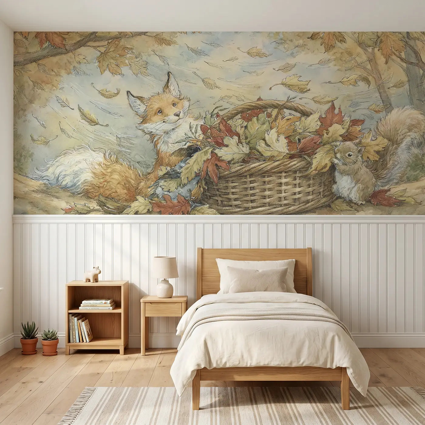Storybook fox autumn leaf gathering wainscoting wallpaper for bedroom by Whimsy Tots