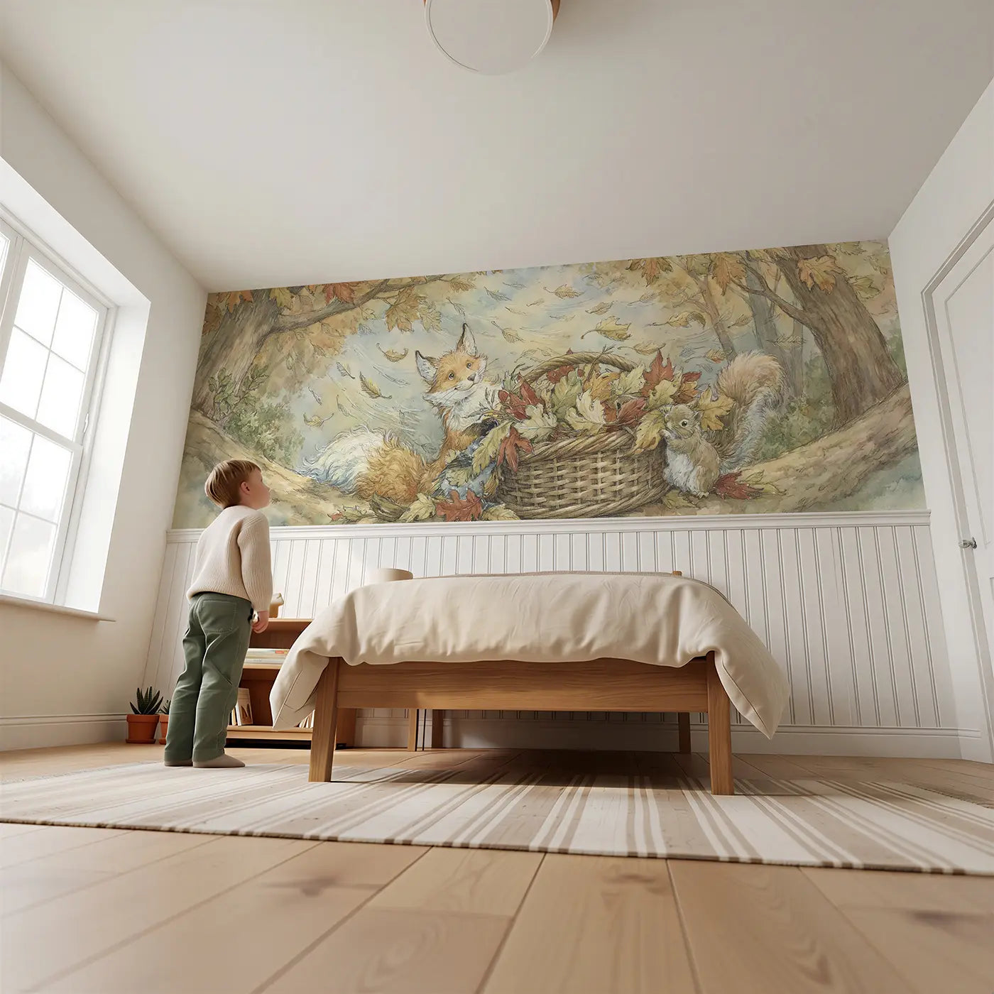 Child reading near Fox Autumn Leaf Gathering Wainscoting Wallpaper by Whimsy Tots