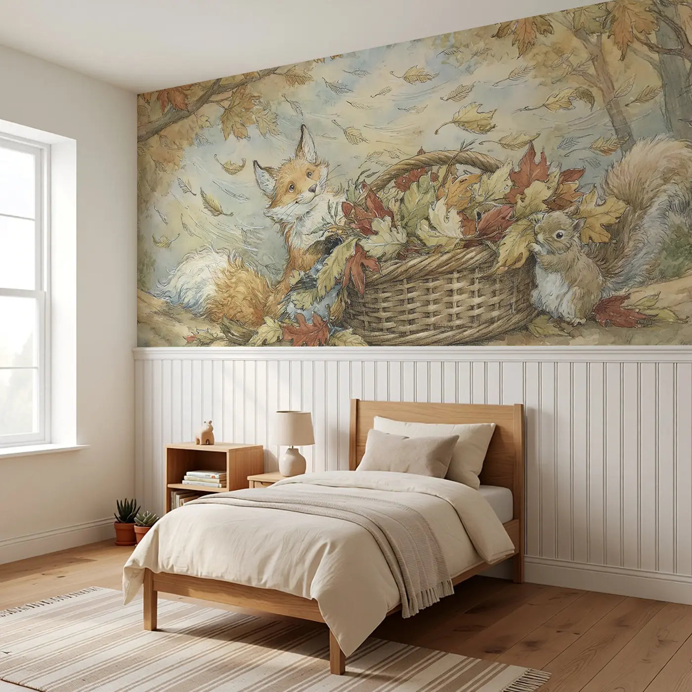 Fox Autumn Leaf Gathering Wainscoting Wallpaper styled in a kids bedroom by Whimsy Tots