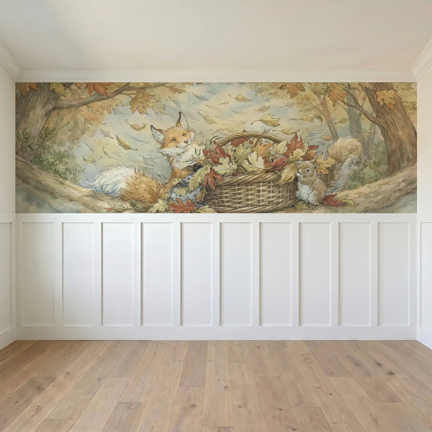Full panel view of Fox Autumn Leaf Gathering Wainscoting Wallpaper by Whimsy Tots