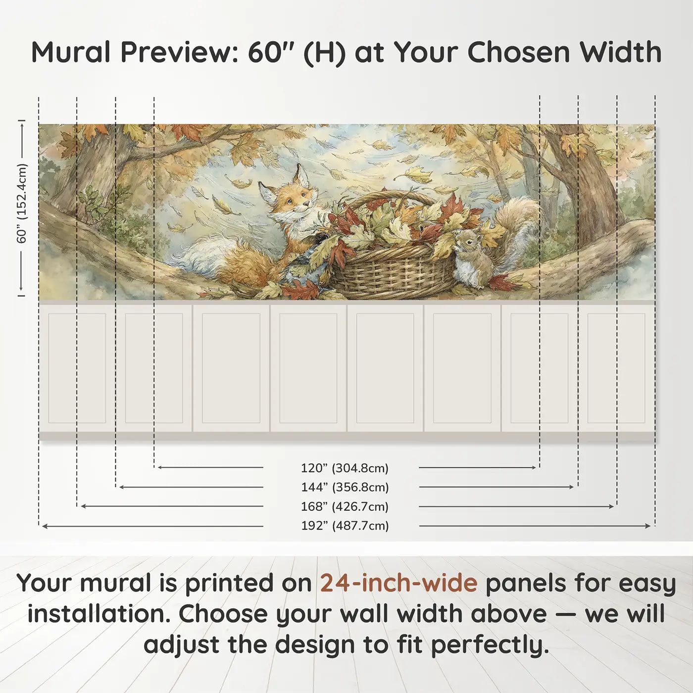 Panel dimensions for Fox Autumn Leaf Gathering Wainscoting Wallpaper by Whimsy Tots