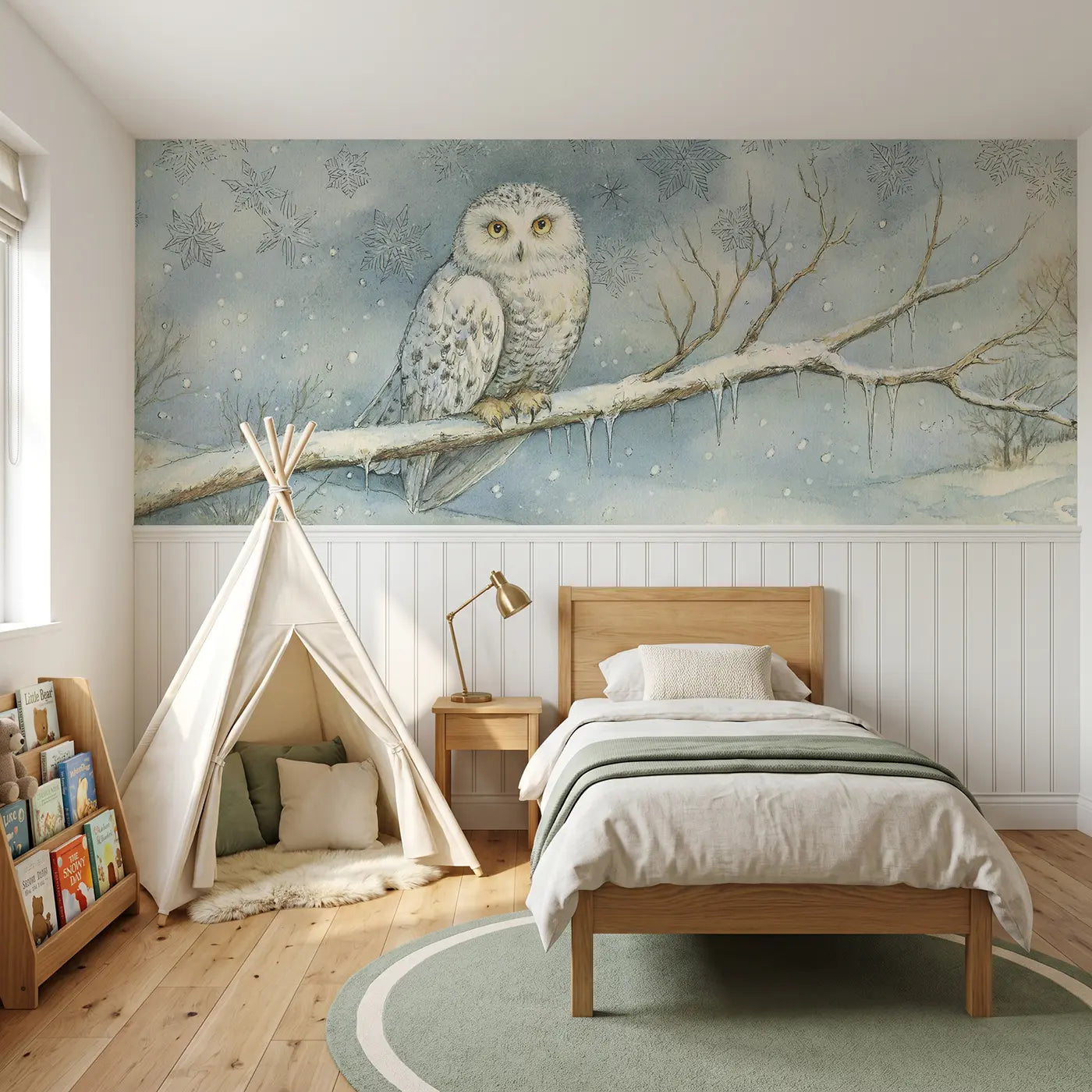 Storybook snow owl winter branch wainscoting wallpaper for nursery by Whimsy Tots