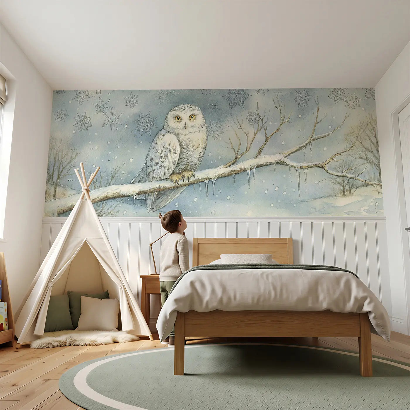 Child reading near Snow Owl Winter Branch Wainscoting Wallpaper by Whimsy Tots