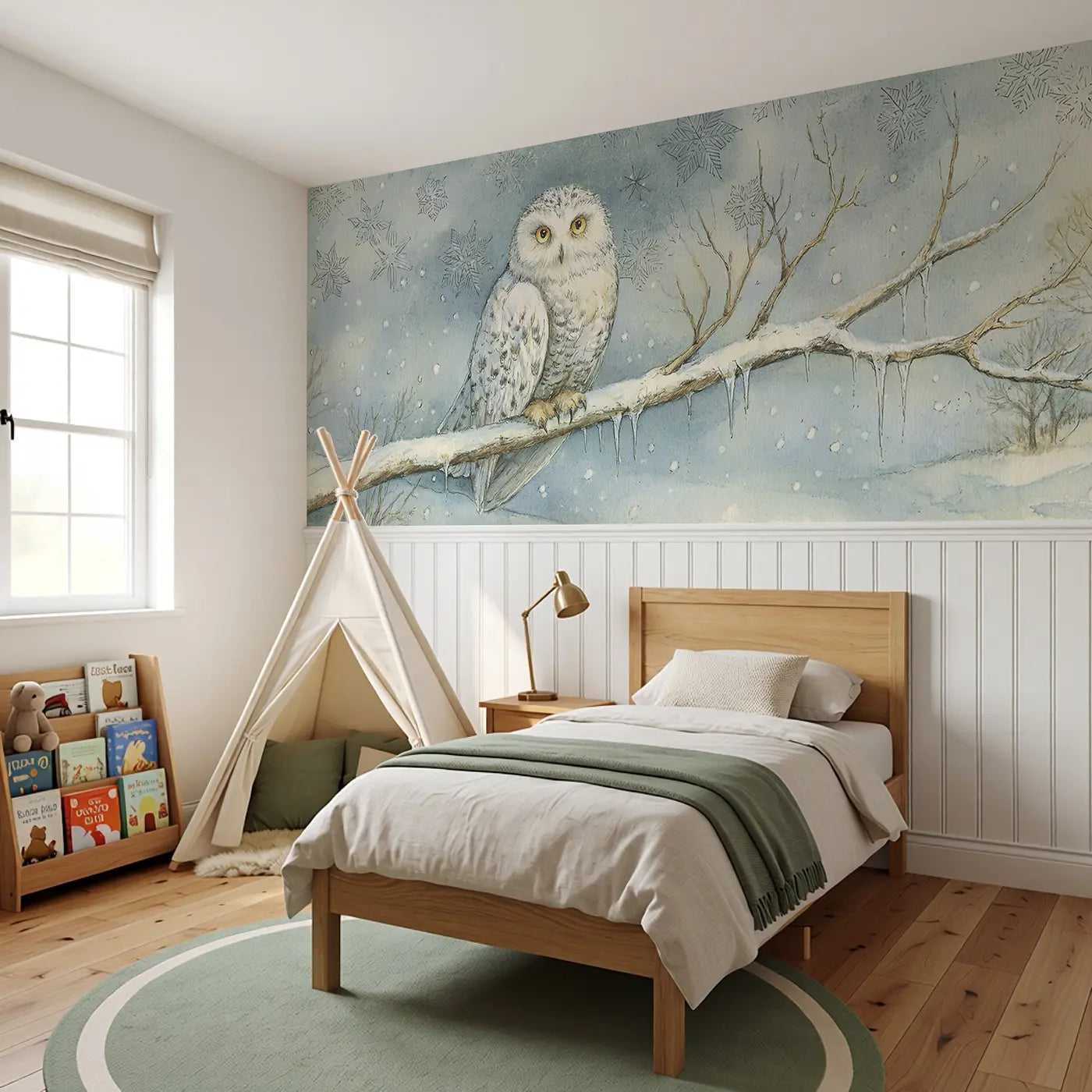 Snow Owl Winter Branch Wainscoting Wallpaper styled in a kids bedroom by Whimsy Tots