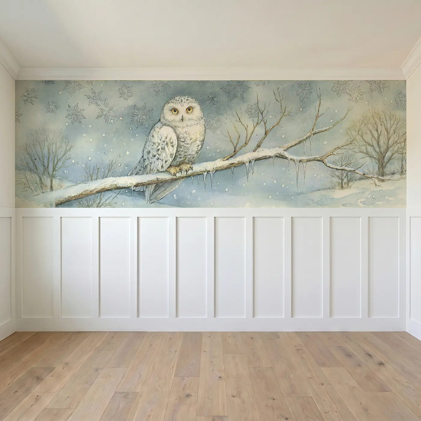 Full panel view of Snow Owl Winter Branch Wainscoting Wallpaper by Whimsy Tots