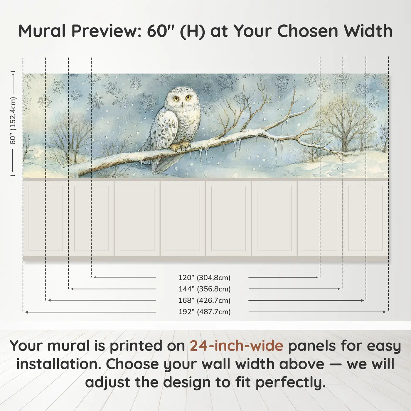 Panel dimensions for Snow Owl Winter Branch Wainscoting Wallpaper by Whimsy Tots