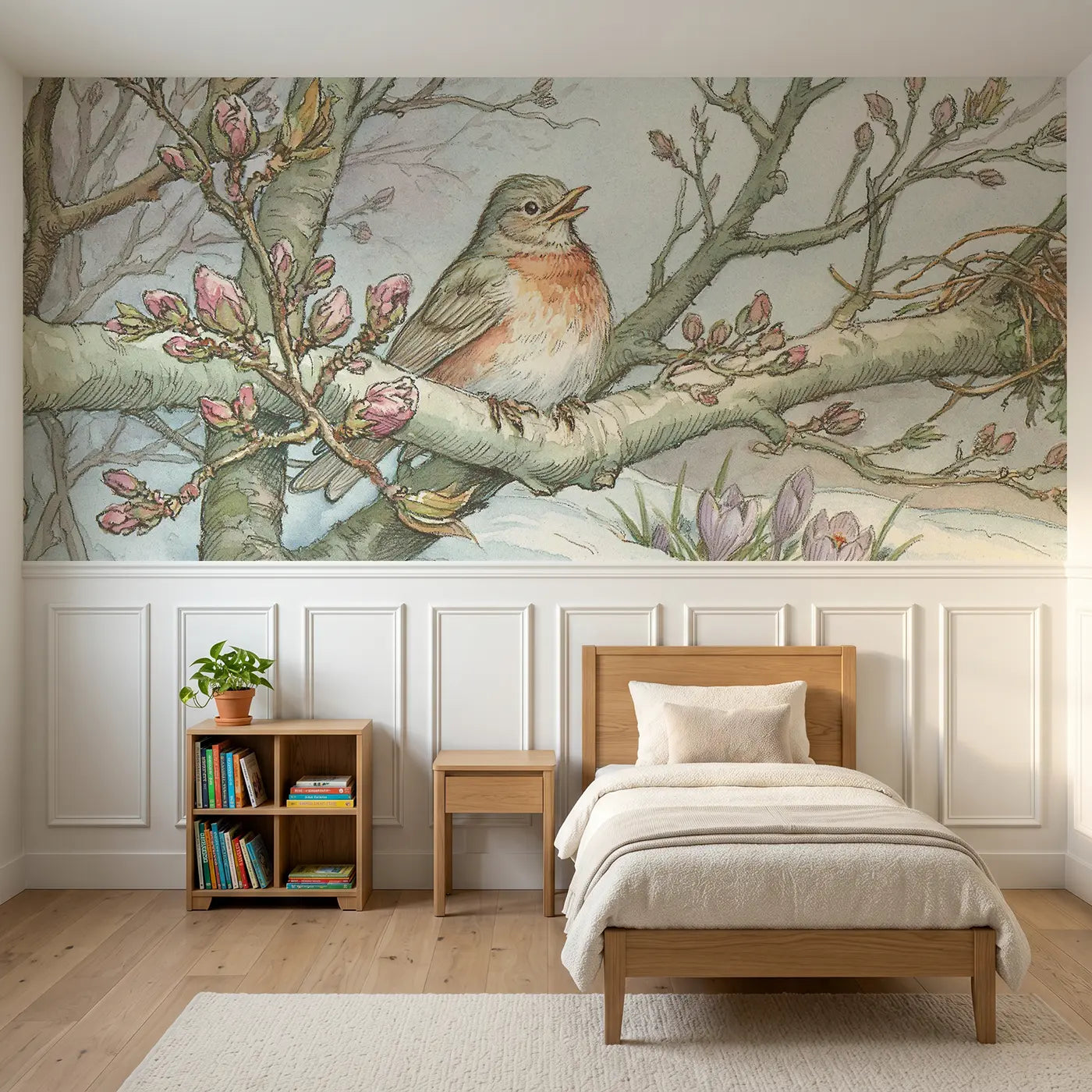 Storybook spring robin blossom return wainscoting wallpaper for nursery by Whimsy Tots
