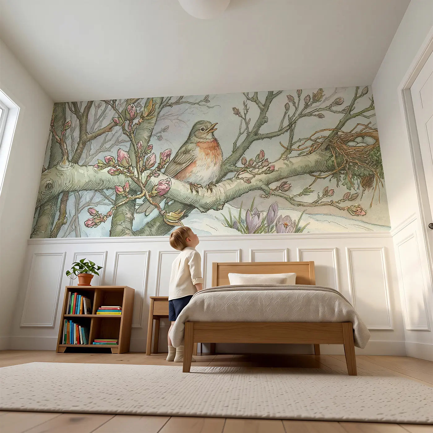 Child reading near Spring Robin Blossom Return Wainscoting Wallpaper by Whimsy Tots