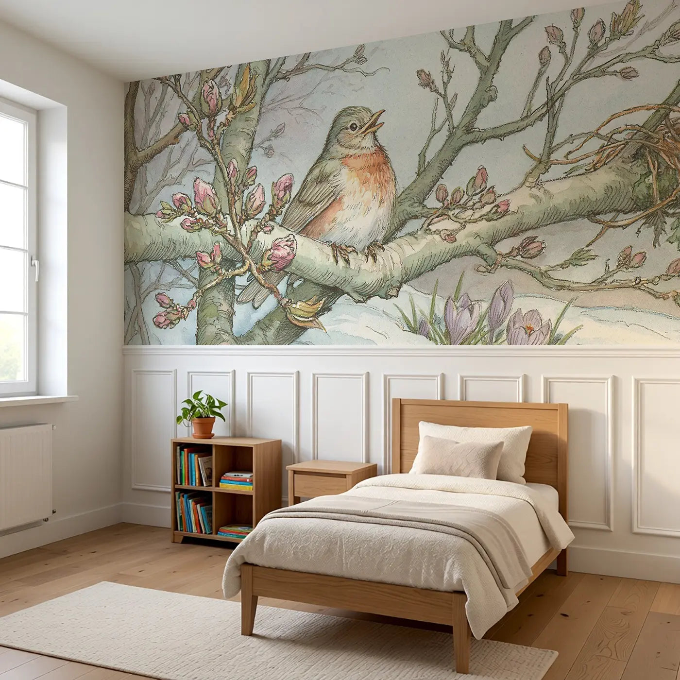 Spring Robin Blossom Return Wainscoting Wallpaper styled in a kids bedroom by Whimsy Tots
