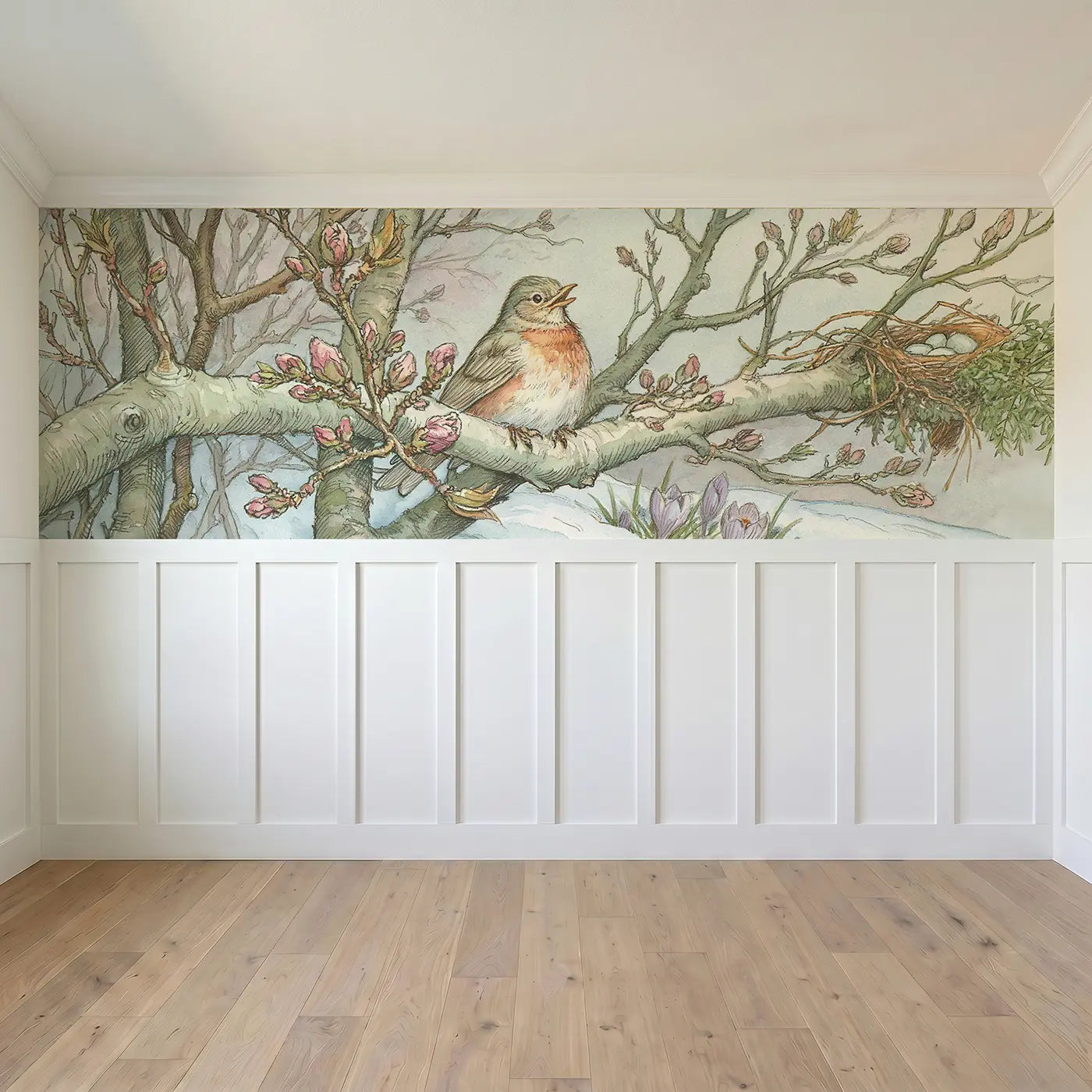 Full panel view of Spring Robin Blossom Return Wainscoting Wallpaper by Whimsy Tots