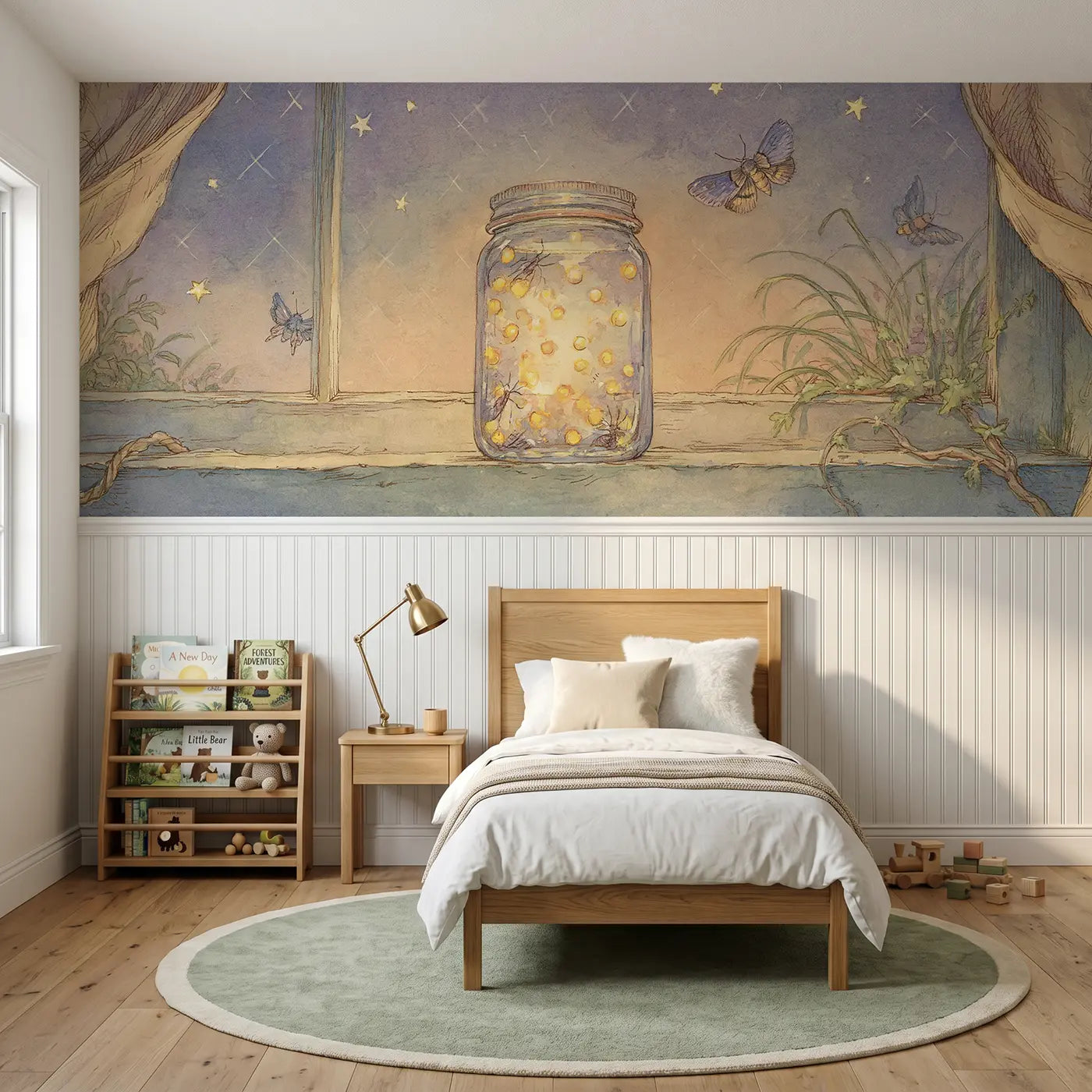 Storybook summer firefly jar evening wainscoting wallpaper for bedroom by Whimsy Tots