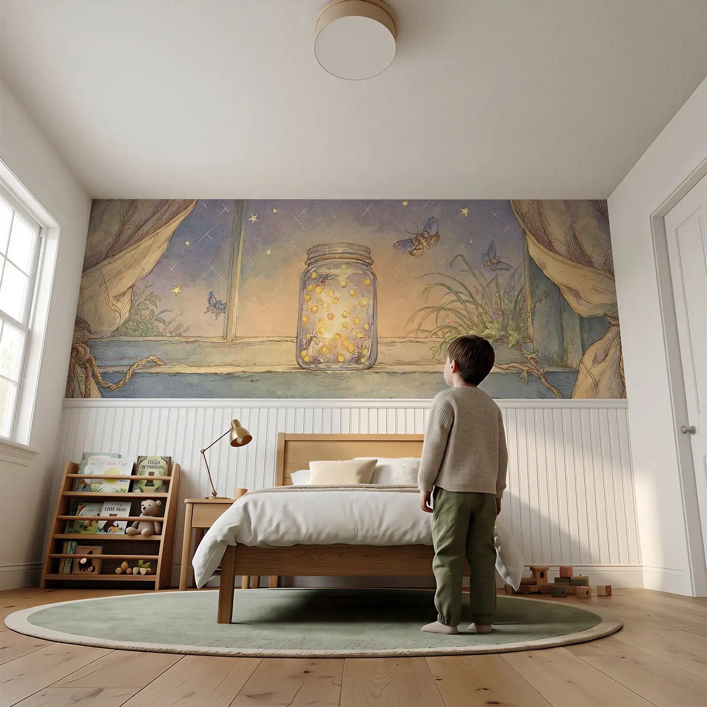 Child reading near Summer Firefly Jar Evening Wainscoting Wallpaper by Whimsy Tots
