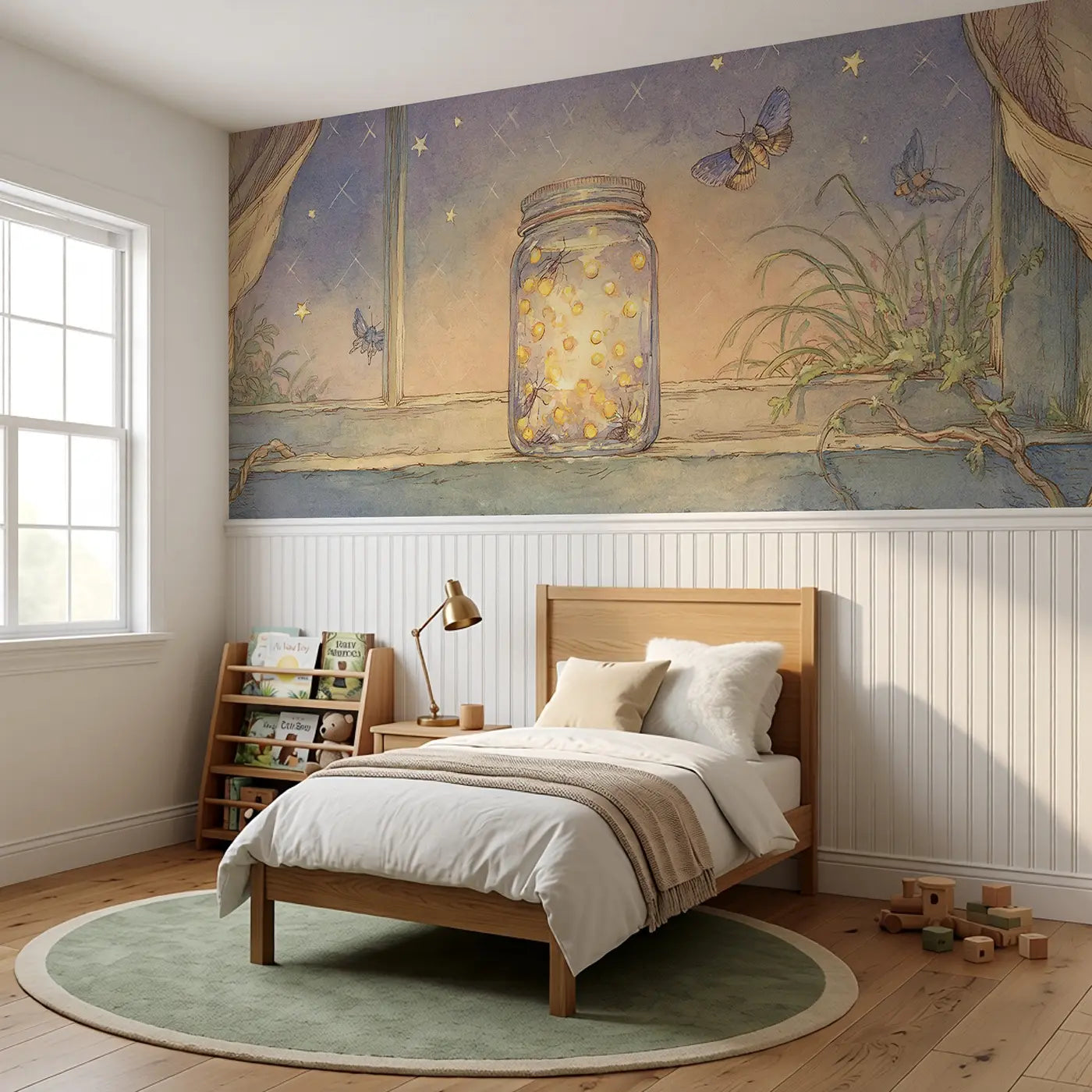 Summer Firefly Jar Evening Wainscoting Wallpaper styled in a kids bedroom by Whimsy Tots