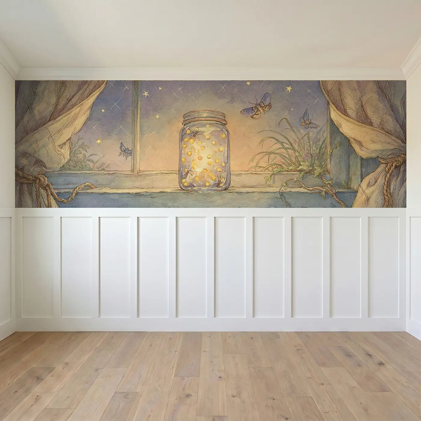 Full panel view of Summer Firefly Jar Evening Wainscoting Wallpaper by Whimsy Tots