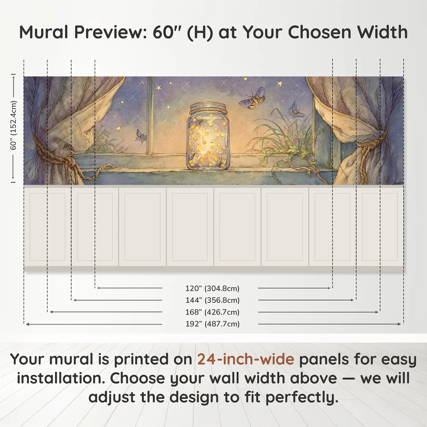 Panel dimensions for Summer Firefly Jar Evening Wainscoting Wallpaper by Whimsy Tots