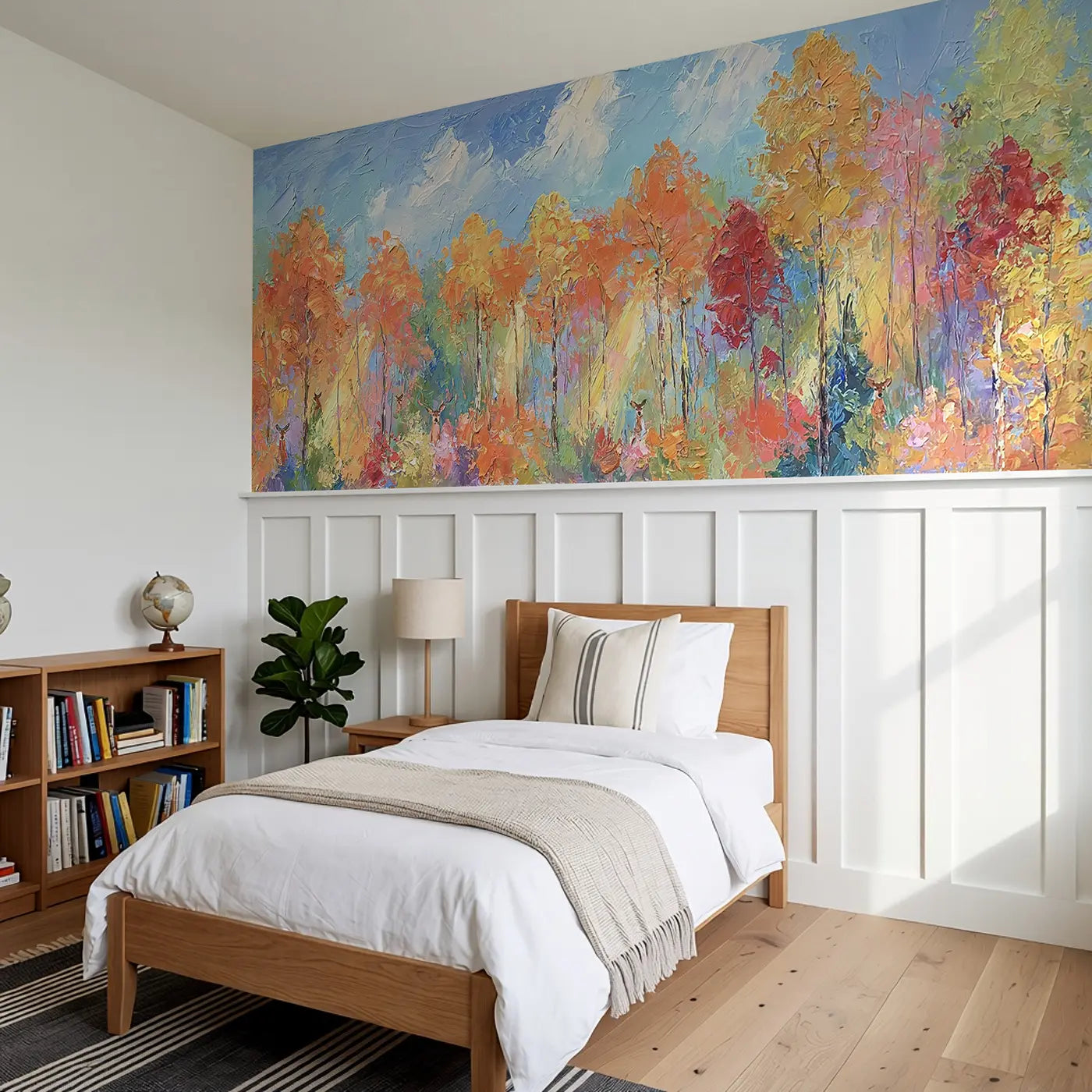 Autumn Forest Blaze Oil Wainscoting Wallpaper styled in a kids bedroom by Whimsy Tots