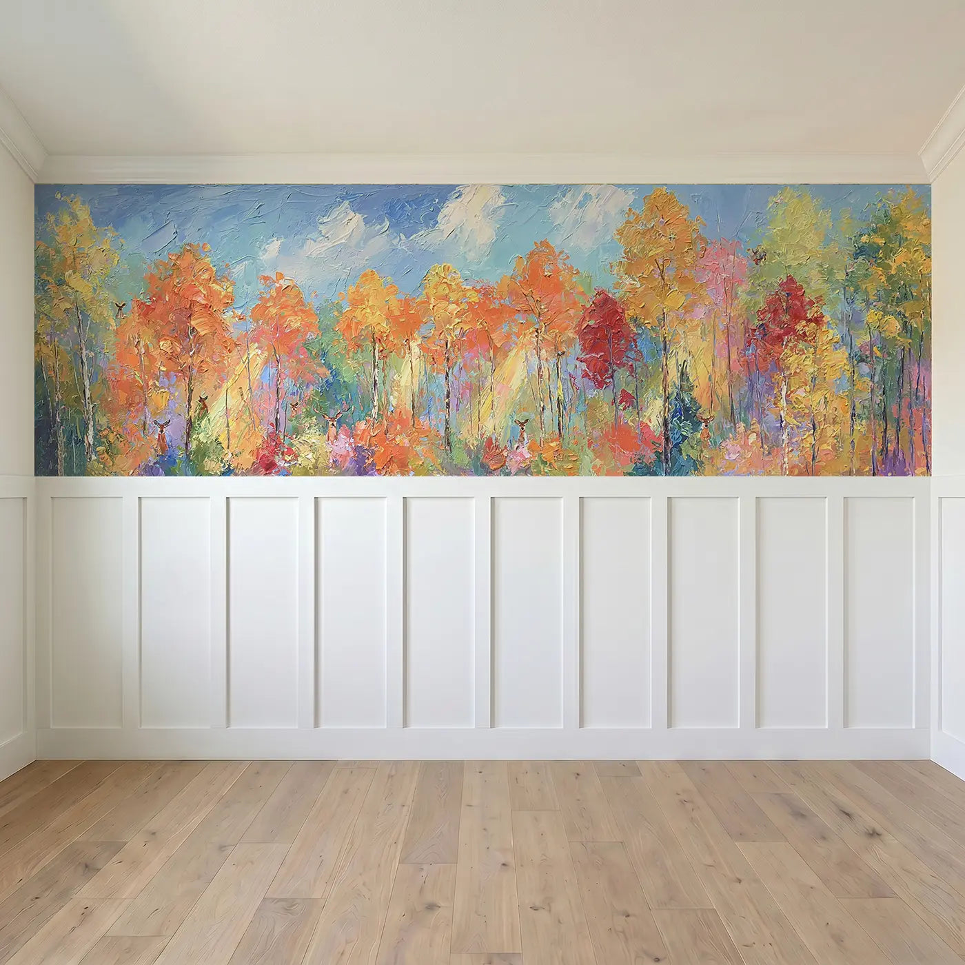 Full panel view of Autumn Forest Blaze Oil Wainscoting Wallpaper by Whimsy Tots