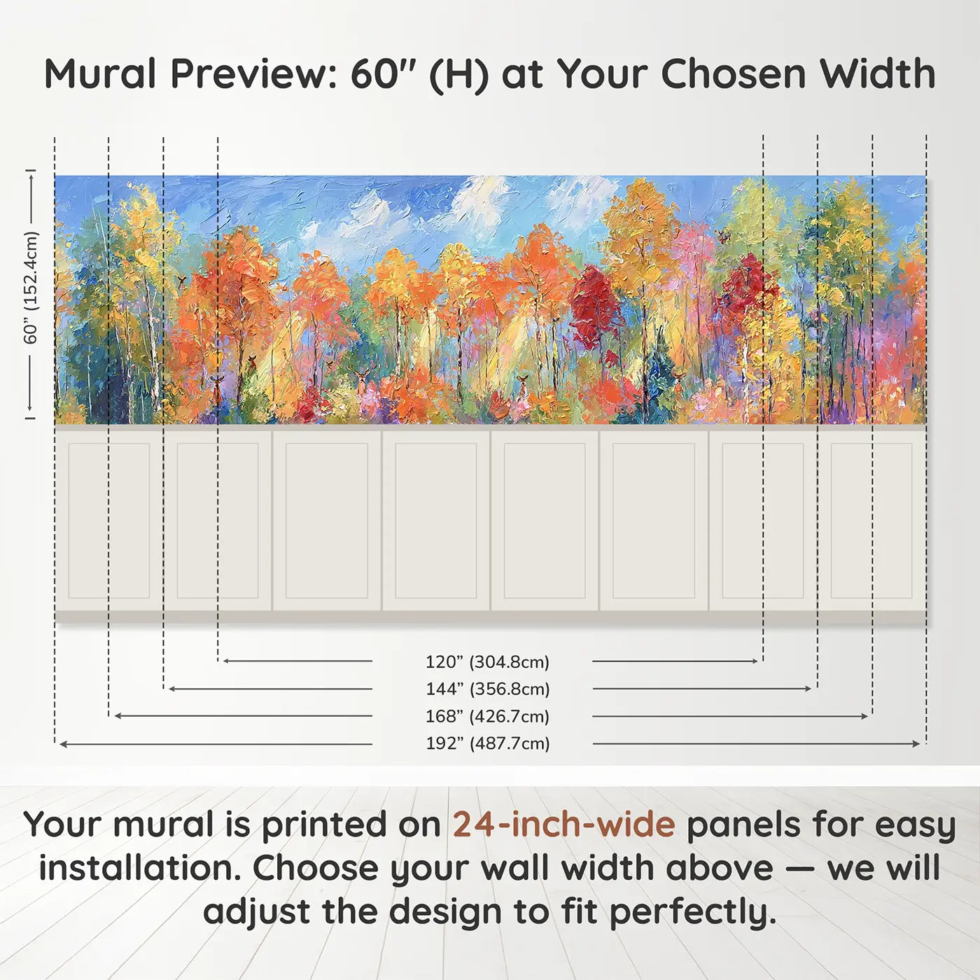 Panel dimensions for Autumn Forest Blaze Oil Wainscoting Wallpaper by Whimsy Tots