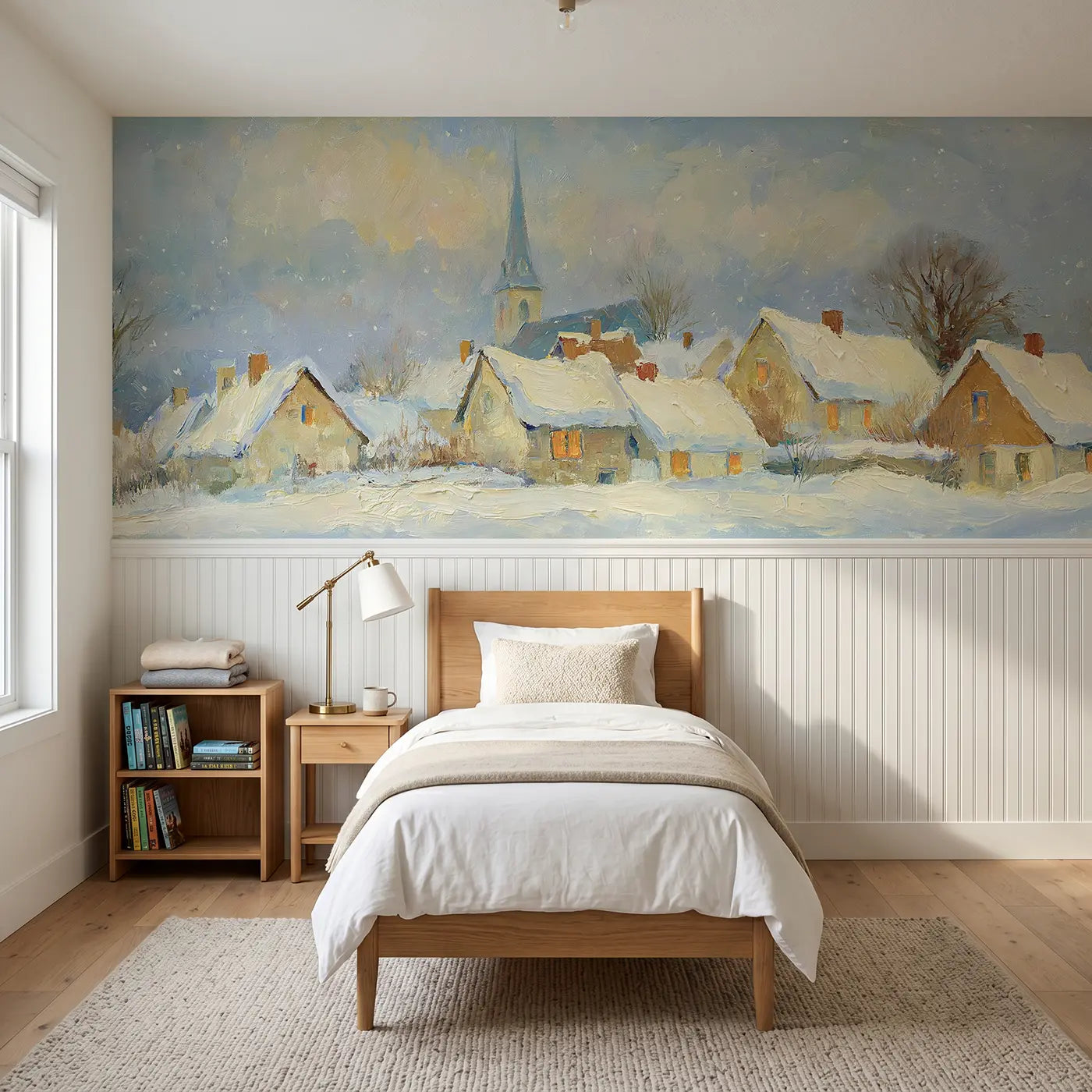 Painted Landscape winter snow village oil wainscoting wallpaper for bedroom by Whimsy Tots