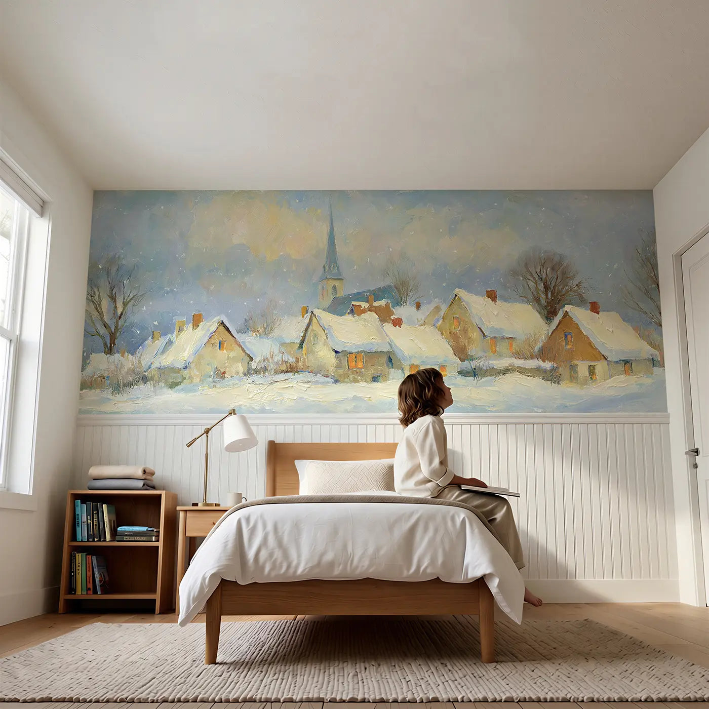 Child reading near Winter Snow Village Oil Wainscoting Wallpaper by Whimsy Tots
