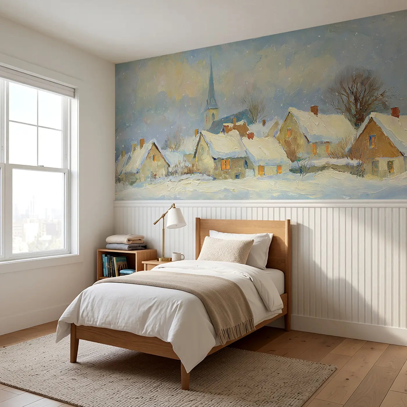 Winter Snow Village Oil Wainscoting Wallpaper styled in a kids bedroom by Whimsy Tots