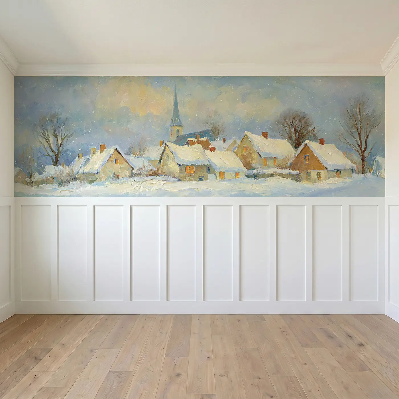Full panel view of Winter Snow Village Oil Wainscoting Wallpaper by Whimsy Tots