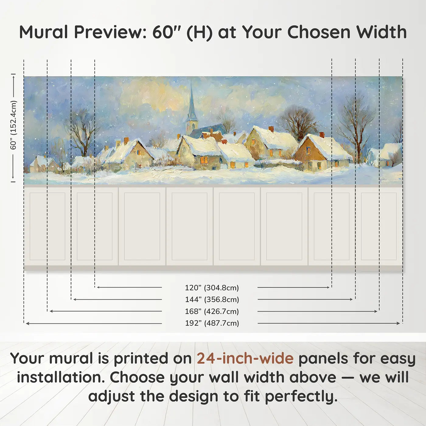 Panel dimensions for Winter Snow Village Oil Wainscoting Wallpaper by Whimsy Tots