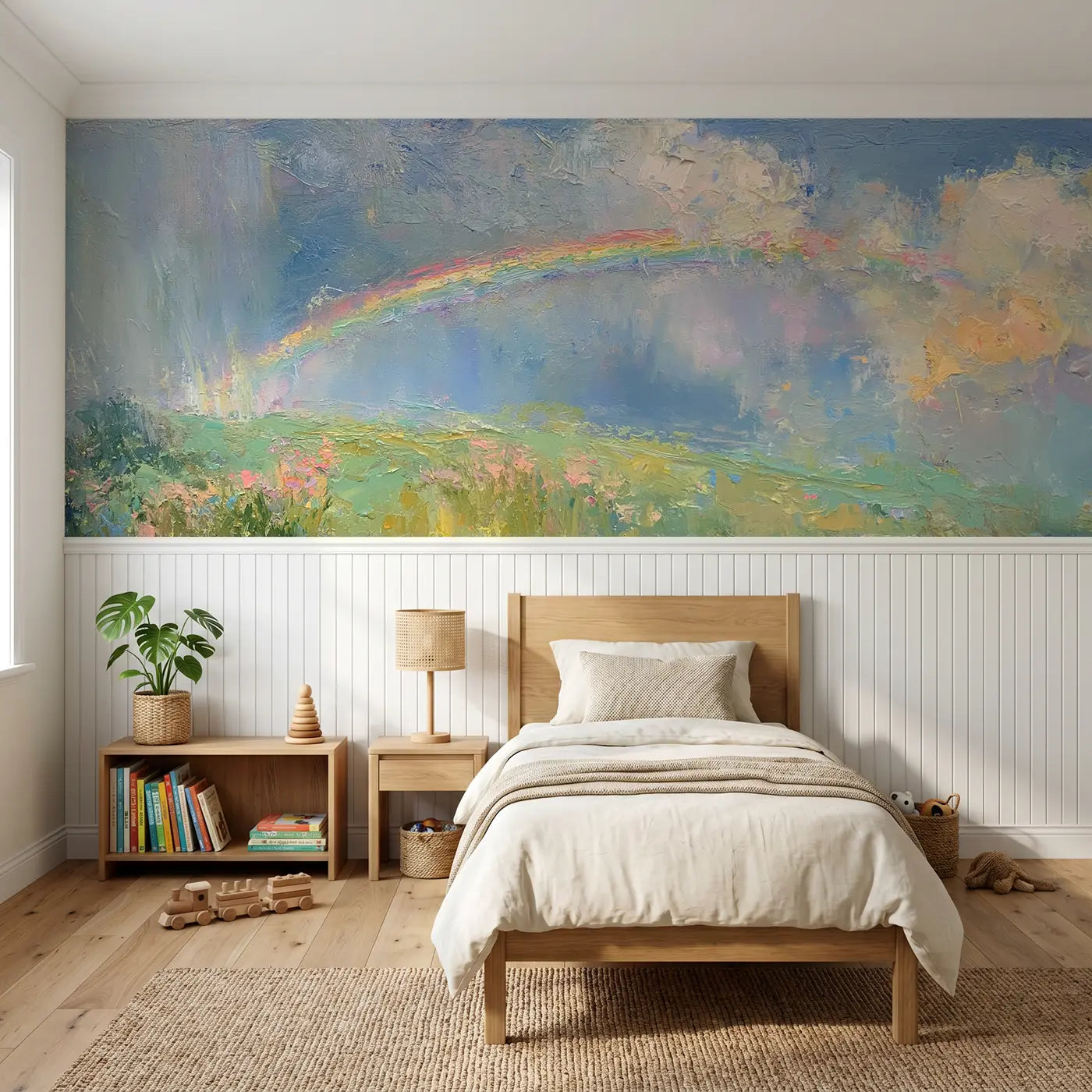 Painted Landscape spring meadow rain rainbow wainscoting wallpaper for nursery by Whimsy Tots
