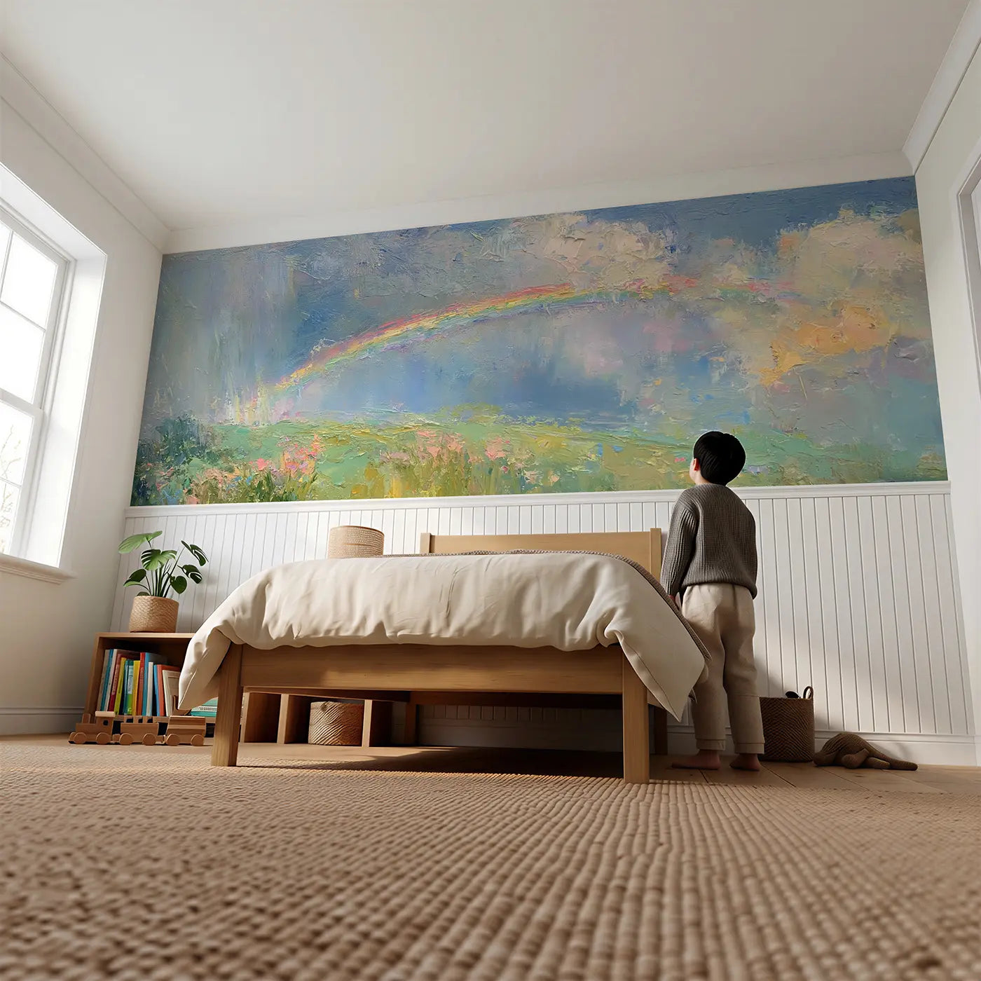 Child reading near Spring Meadow Rain Rainbow Wainscoting Wallpaper by Whimsy Tots