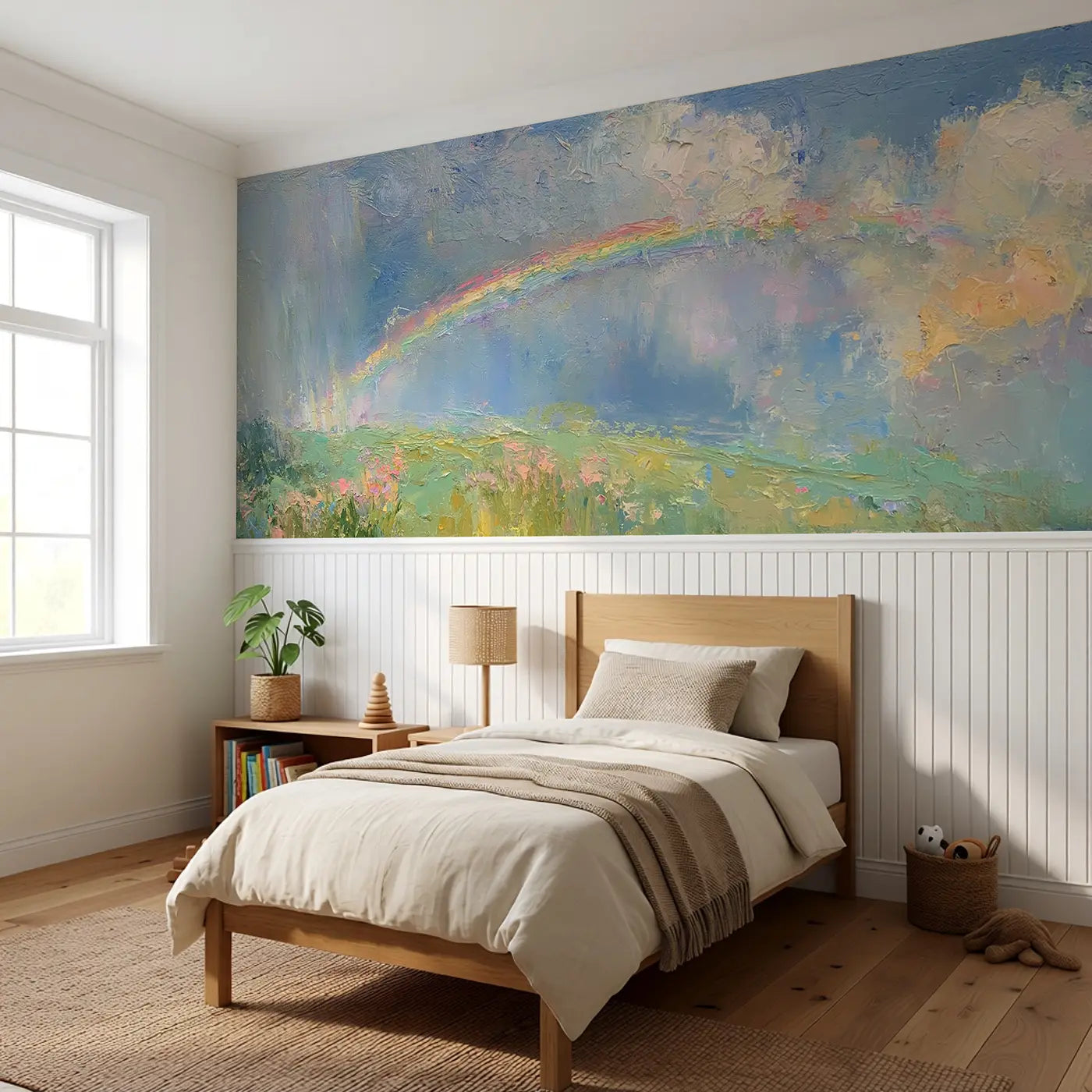 Spring Meadow Rain Rainbow Wainscoting Wallpaper styled in a kids bedroom by Whimsy Tots